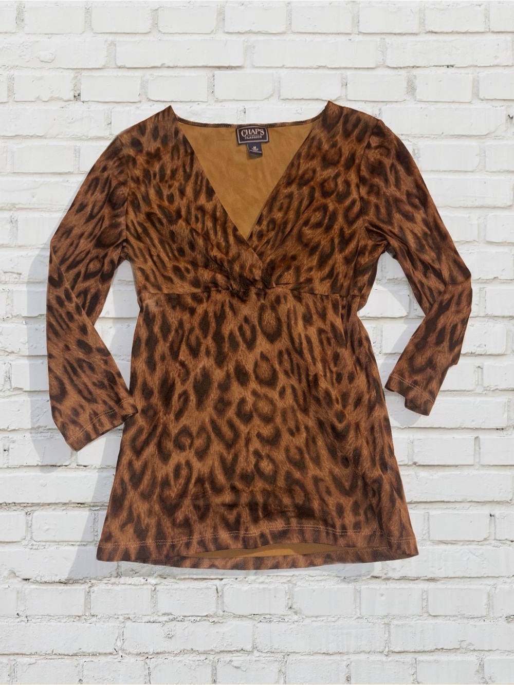 Y2K 90s Chaps Brown Leopard-Print V-Neck Mesh 3/4 Sleeve Top
